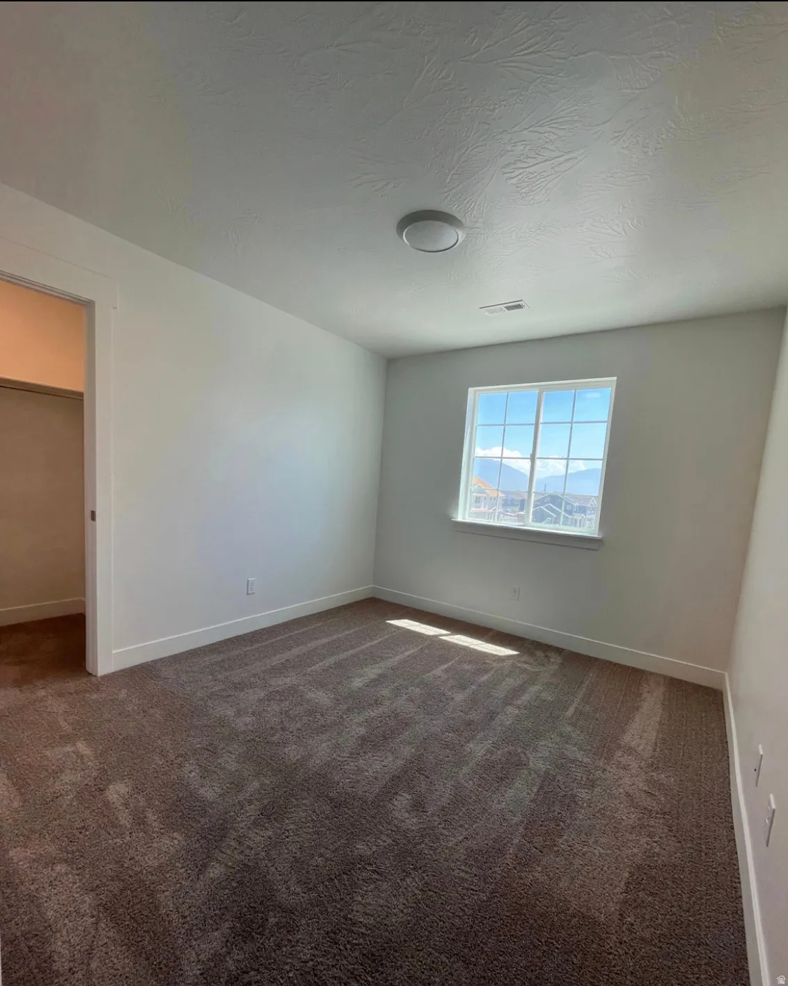 Neutral wall tones, recessed window, dark plush carpeting, and a flush-mount ceiling light