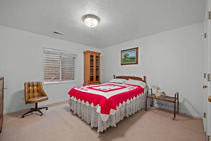Recessed window with blinds, overhead flush-mount lighting, and light-colored wall-to-wall carpeting