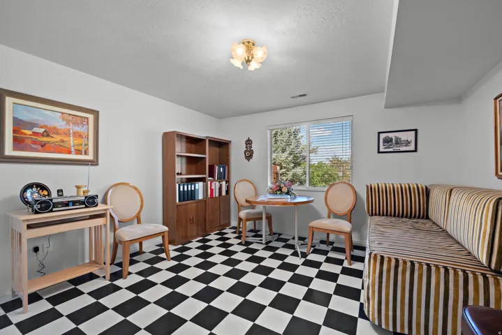 Recessed ceiling light fixture, checkerboard flooring, built-in shelving, and window with exterior landscaping visible