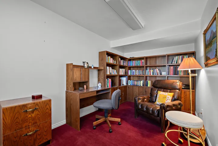 Built-in wood-finish shelving and cabinetry
