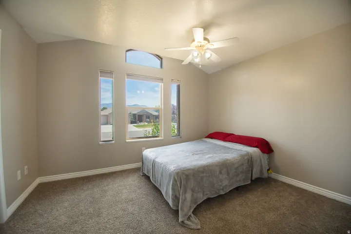 Vaulted ceiling with a ceiling fan, carpeted flooring, and multiple windows