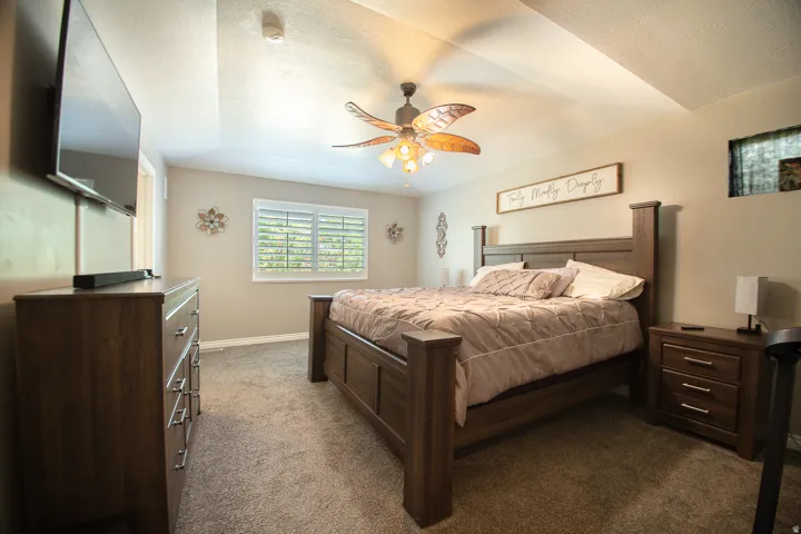 Tray ceiling with a ceiling fan light fixture, window with plantation shutters, carpeted flooring, and a wall-mounted flat-screen display