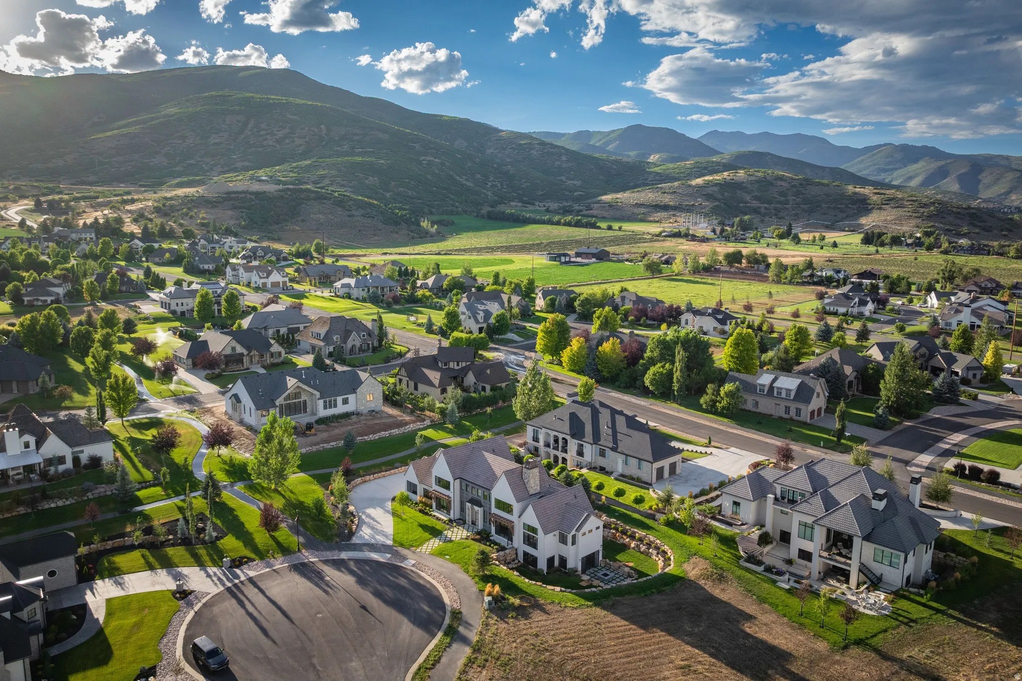 Expansive residential community featuring a variety of architectural styles, surrounded by green fields and distant mountains