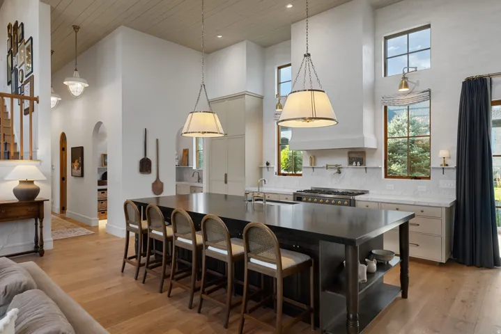 Chef's kitchen anchored by a substantial island with black-finished cabinetry and stainless steel countertop, paired with professional-grade gas range and integrated appliances