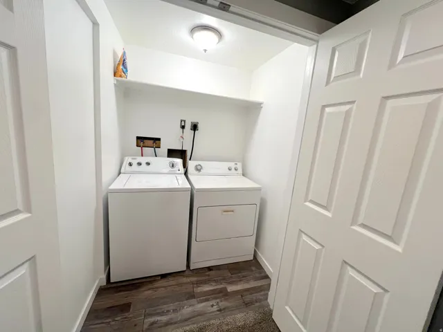Dedicated laundry area with wood-finish flooring and an overhead light fixture