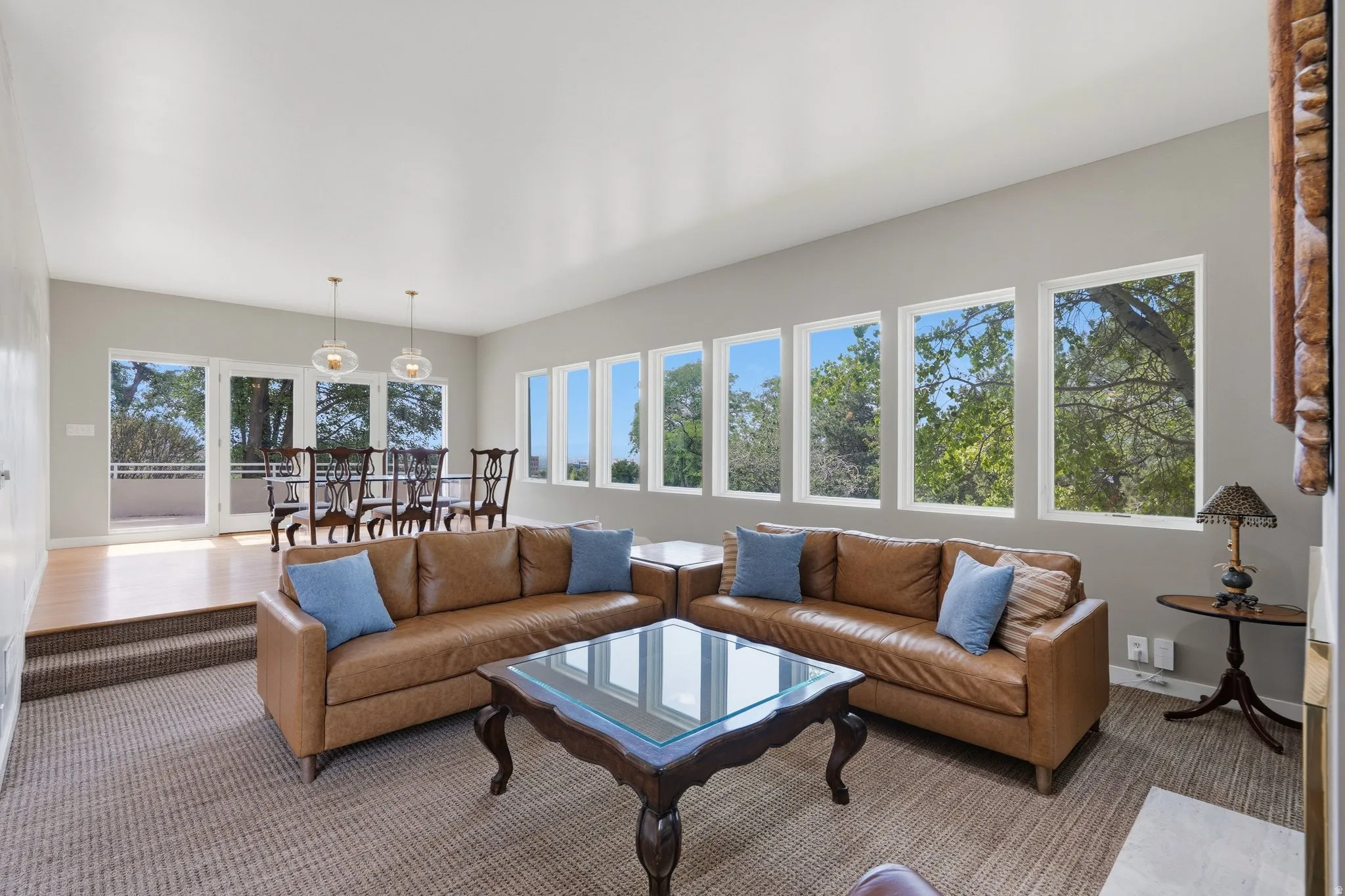 Carpeted living area with a series of rectangular windows, leading to a raised dining space with wood flooring