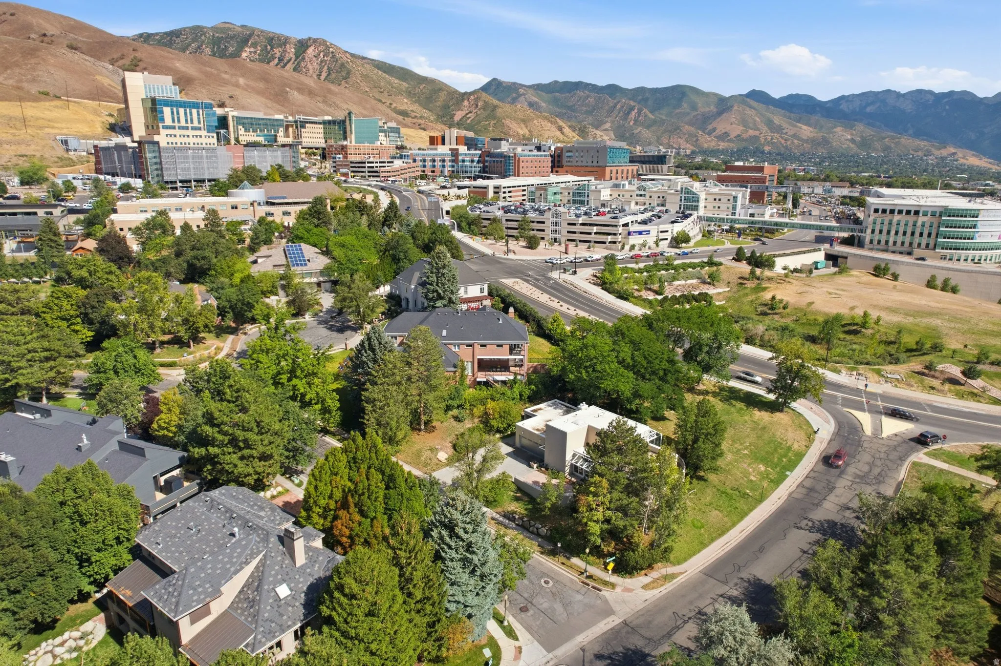 Mountain backdrop, urban structures, mature trees, residential properties, paved roads