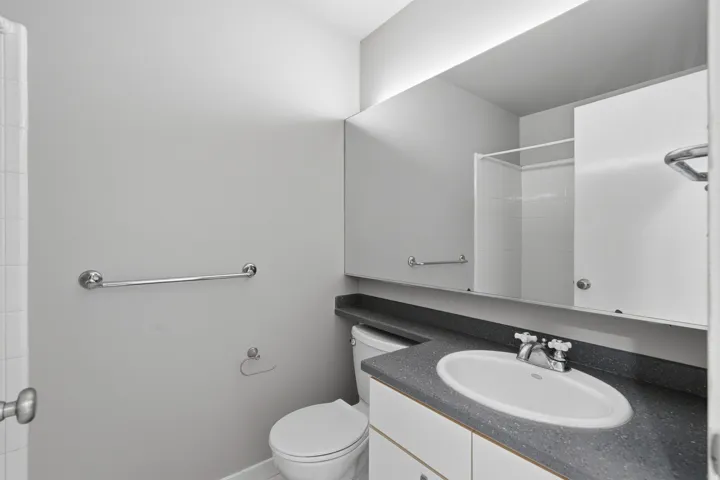 Vanity with an integrated white sink and dark speckled countertop