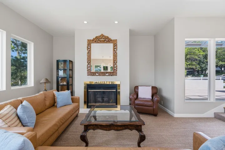 Recessed fireplace with brass-tone surround, large windows providing natural light, and a textured area rug