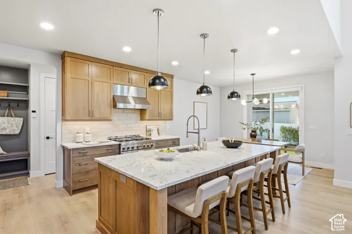 Open-concept kitchen featuring an oversized island with seating, stone countertops, light wood-finish flooring, recessed lighting, and stainless steel appliances
