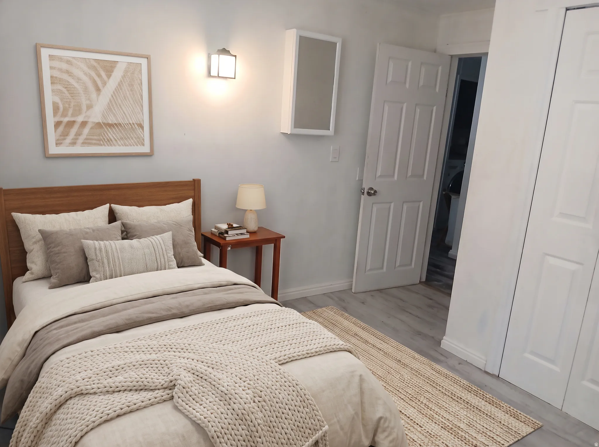 Wood-finish flooring, white paneled doors, and a built-in wall cabinet with a mirror