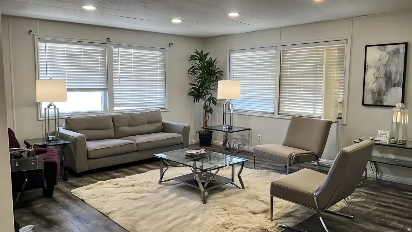 Recessed ceiling lighting, wood-finish flooring, and multiple windows with blinds