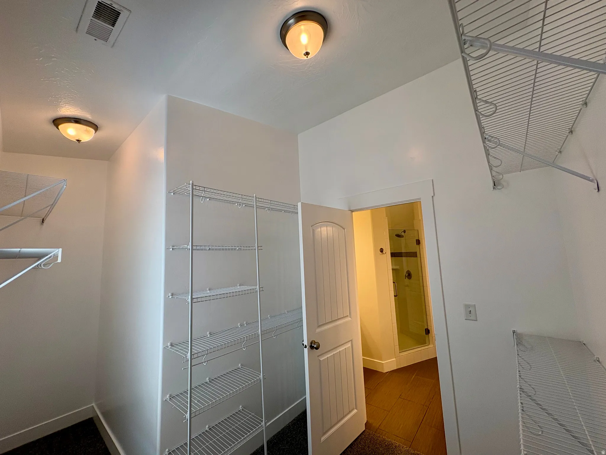 Ample wire shelving, overhead lighting, and a white paneled door