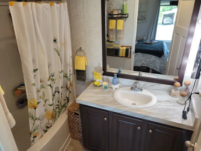 Integrated bathtub with shower, vanity with lower cabinetry, single basin sink, and framed wall mirror