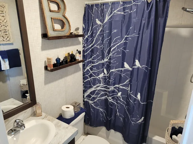 Vanity with a basin sink and chrome faucet, wood-finish framed mirror, and a built-in shower/tub combination