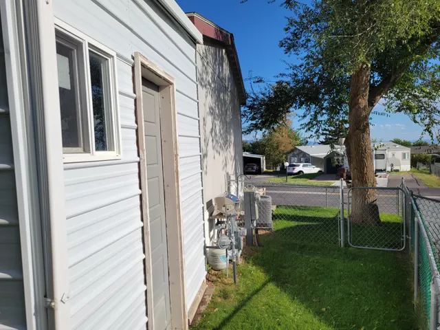 Fenced yard with a mature tree, featuring siding exterior and a single window