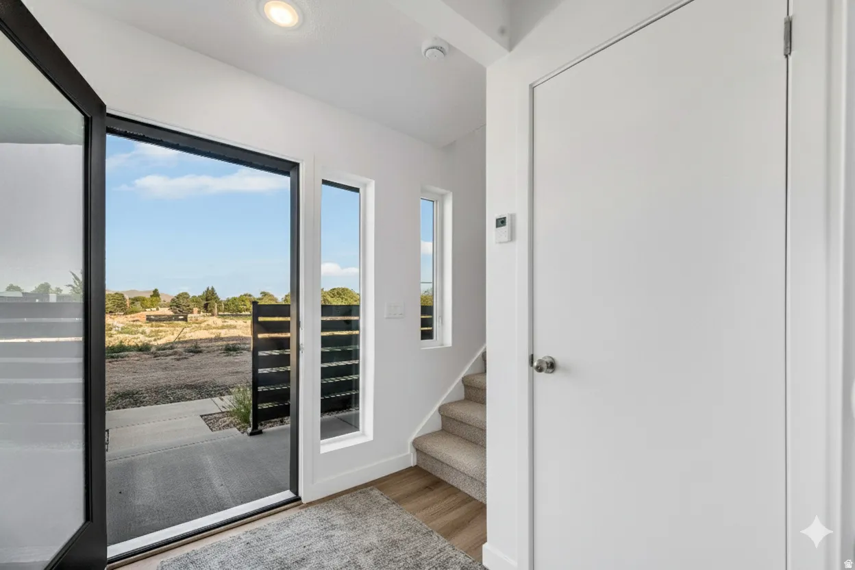 Modern entryway featuring a frameless glass sliding door with black aluminum framing, white painted walls, wood-finish flooring, and direct access to outdoor spaces with scenic landscaping visible beyond