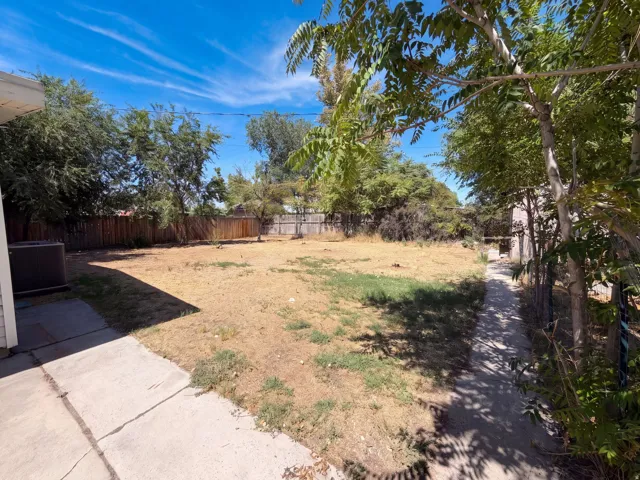 Expansive backyard with a level terrain, perimeter fencing, mature trees, and a concrete patio