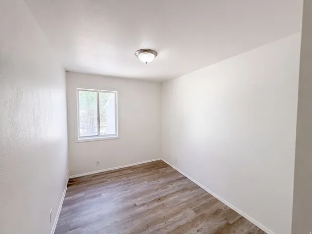 Bright and spacious bedroom featuring wood-finish flooring, neutral wall finishes, and a fixed ceiling light fixture