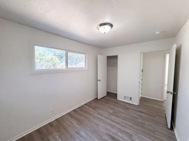 White interior walls, wood-finish flooring, white window trim, and a ceiling-mounted light fixture