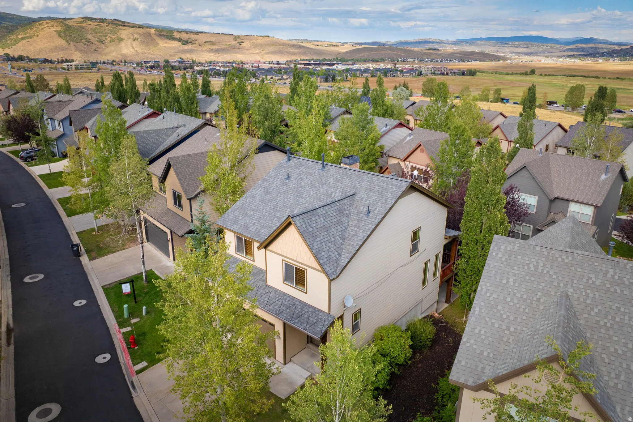 Aerial view showcasing a contemporary home with a charcoal-gray asphalt roof, light-toned exterior siding, and mature landscaping featuring columnar evergreens