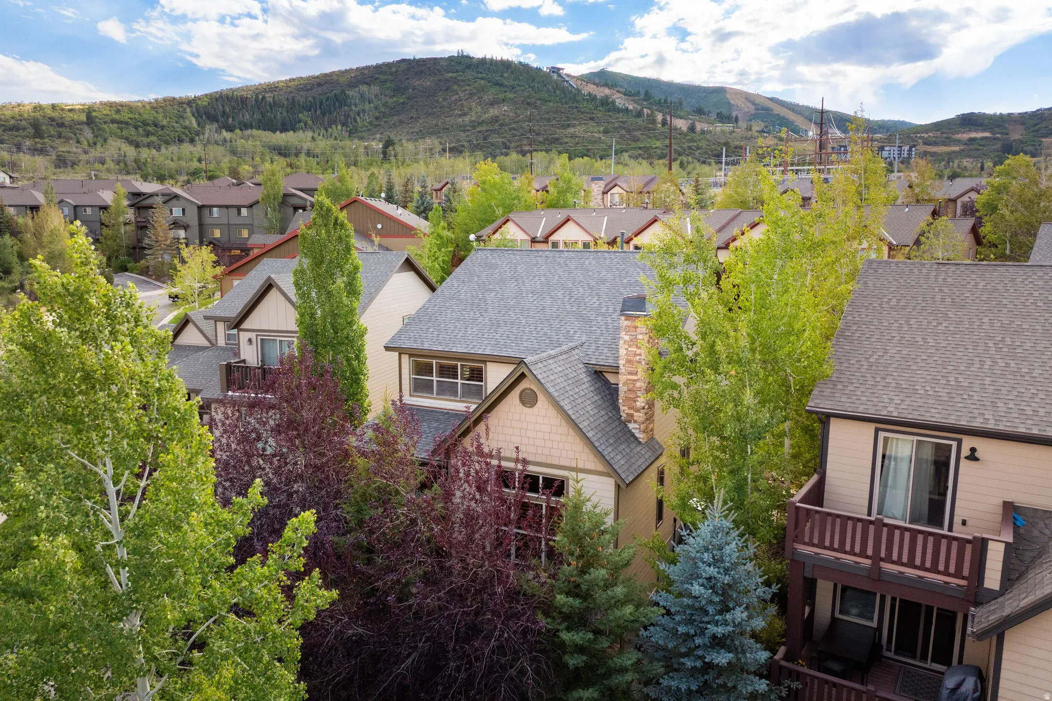 Elevated neighborhood setting featuring mature landscaping with mixed deciduous and evergreen trees, multi-level residential architecture with varied rooflines and brick detailing, and mountain backdrop
