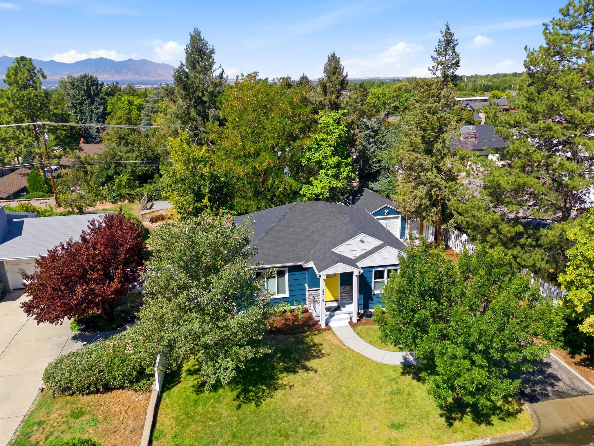 Charming blue residence nestled on a lush, manicured lot surrounded by mature landscaping and towering evergreens
