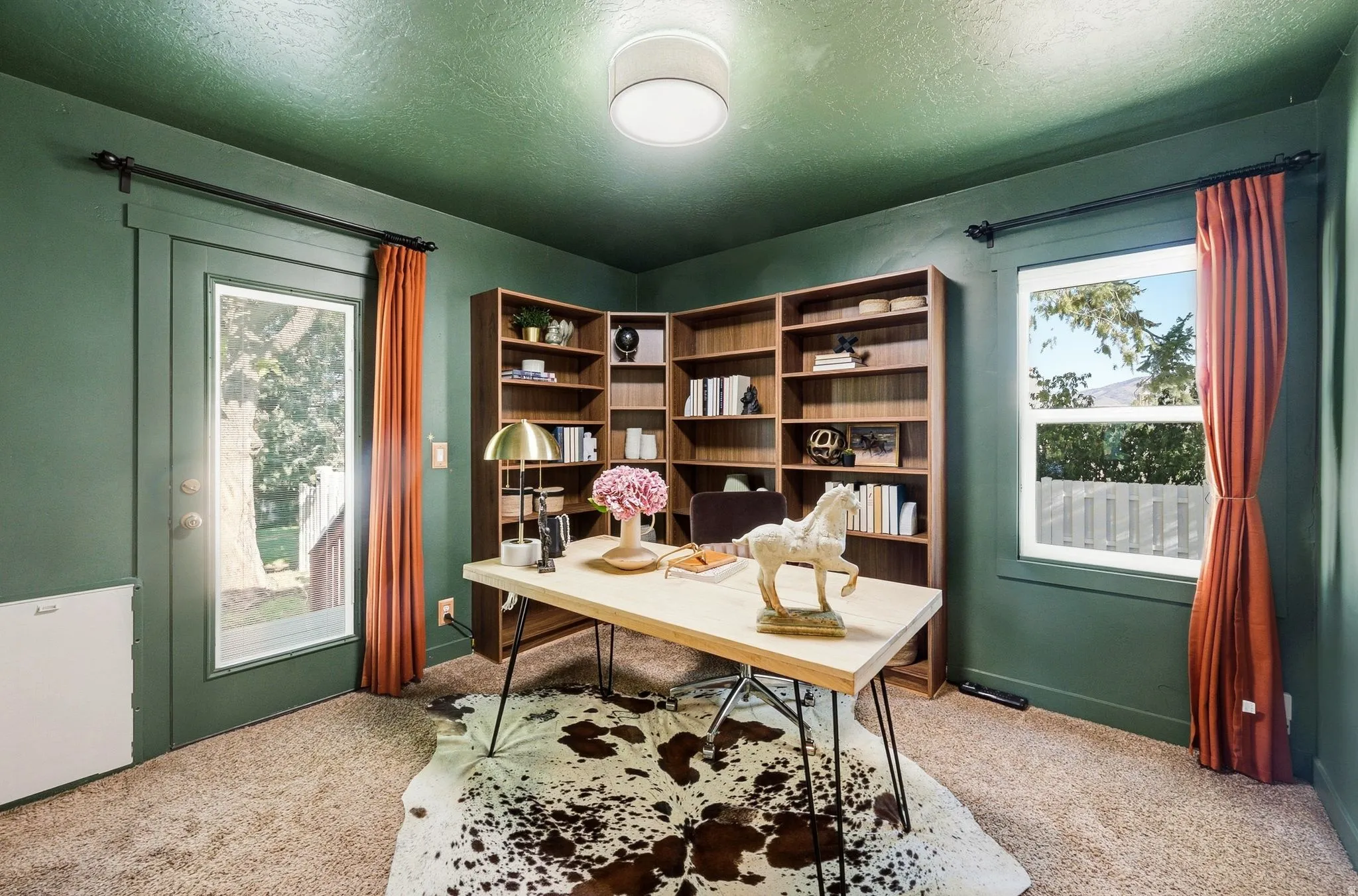 Built-in corner shelving unit, carpeted flooring, central ceiling light fixture, window with exterior views, exterior door with glass insert