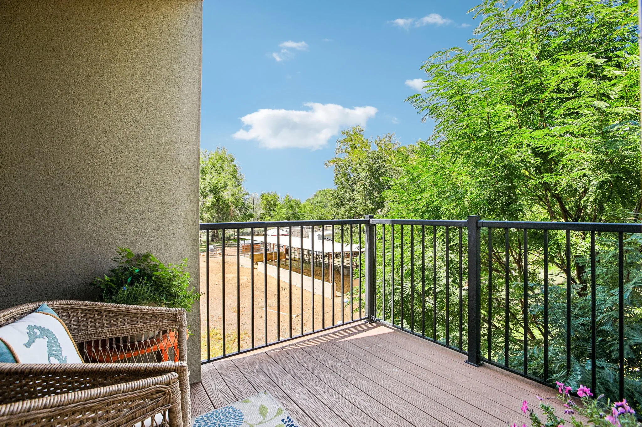 Elevated composite deck with black metal railings overlooking mature landscaping and open grounds