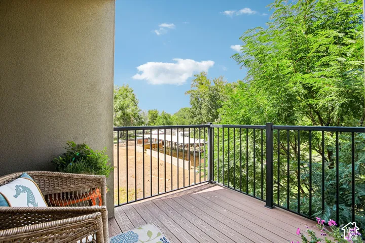 Elevated composite deck with black metal railings overlooking mature landscaping and open grounds