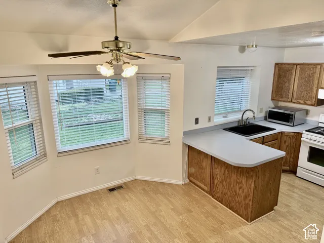 Kitchen and dining area featuring wood-finish flooring, wood cabinetry, light-toned countertops, and a ceiling fan with integrated lighting