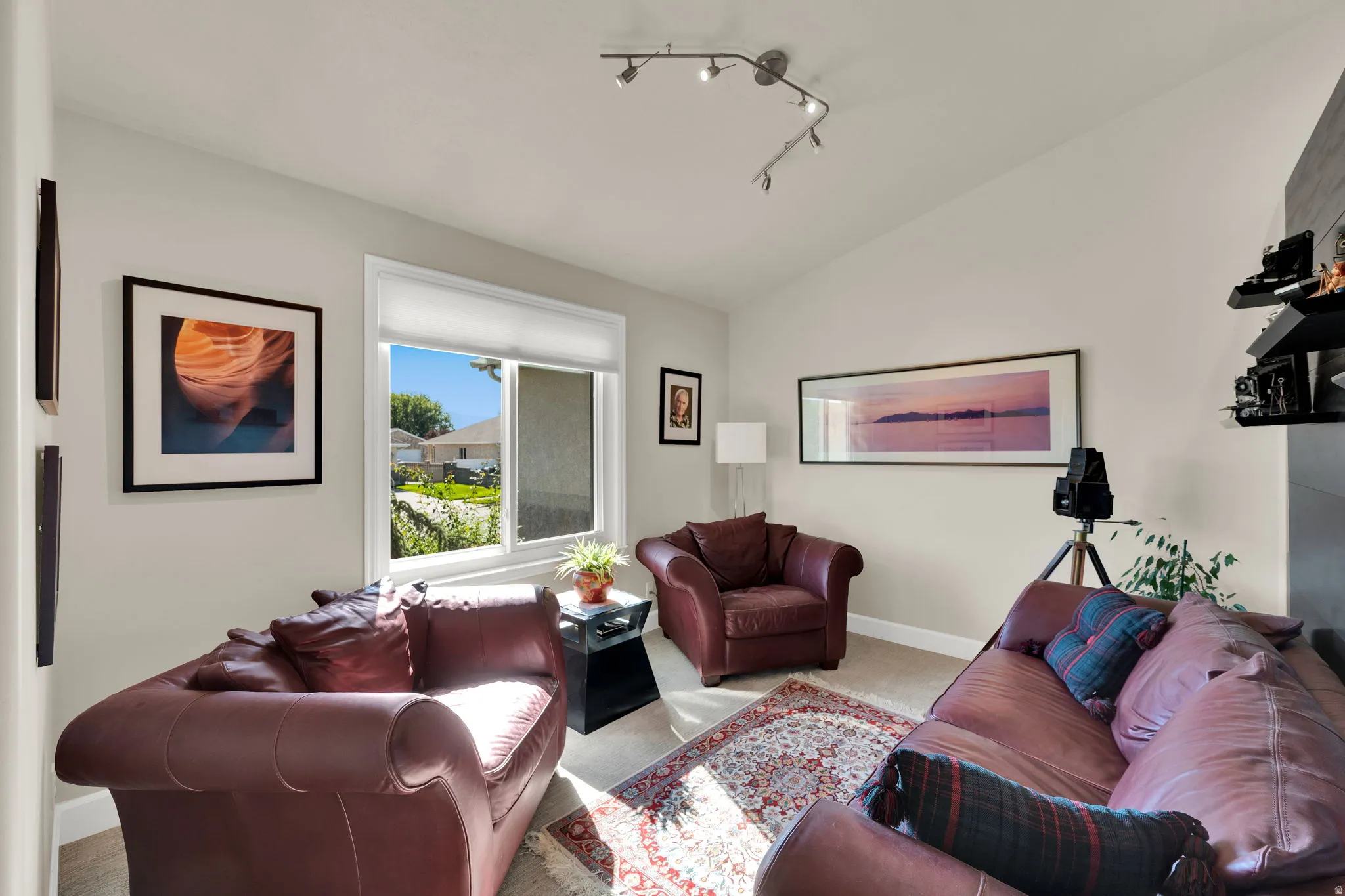 Vaulted ceiling with track lighting, large window with roller shades, built-in shelving, and light wall finishes