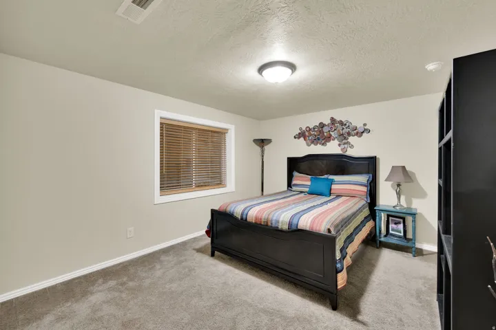 Neutral wall tones, window with wood-finish blinds, plush carpeting, and built-in shelving