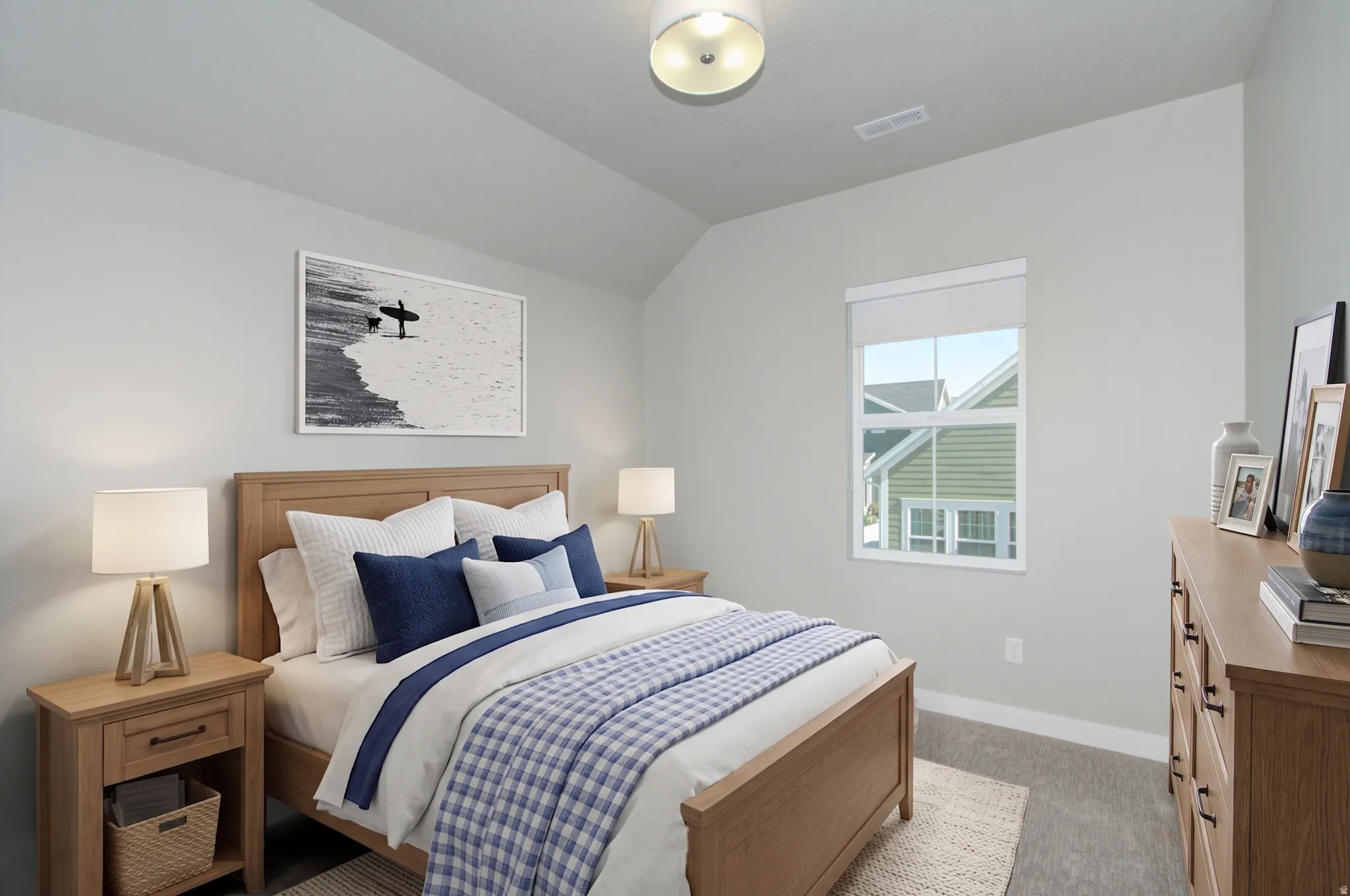 Vaulted ceiling, recessed window, and light gray wall color