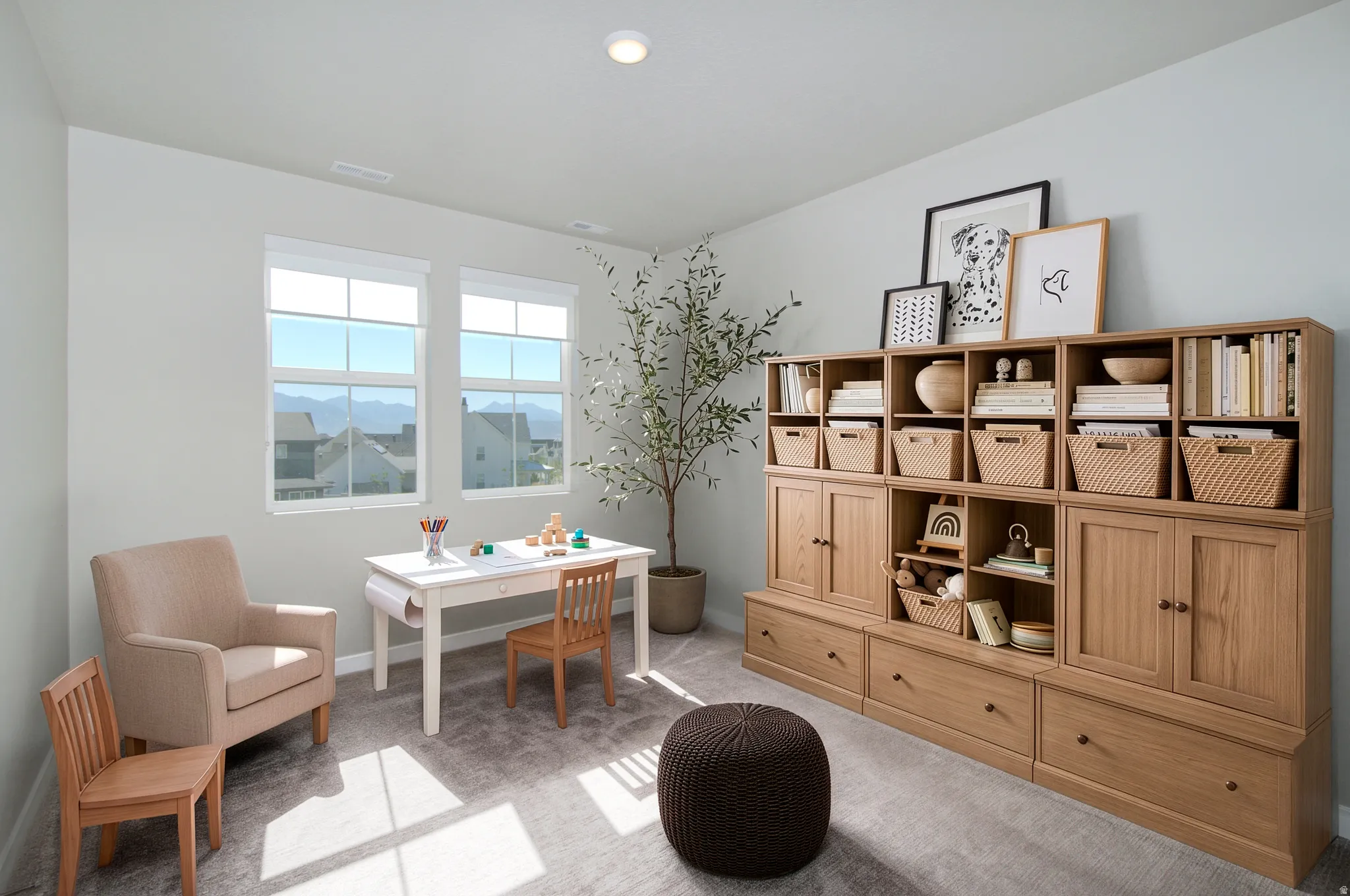 Built-in modular storage system with both open shelving and closed cabinetry