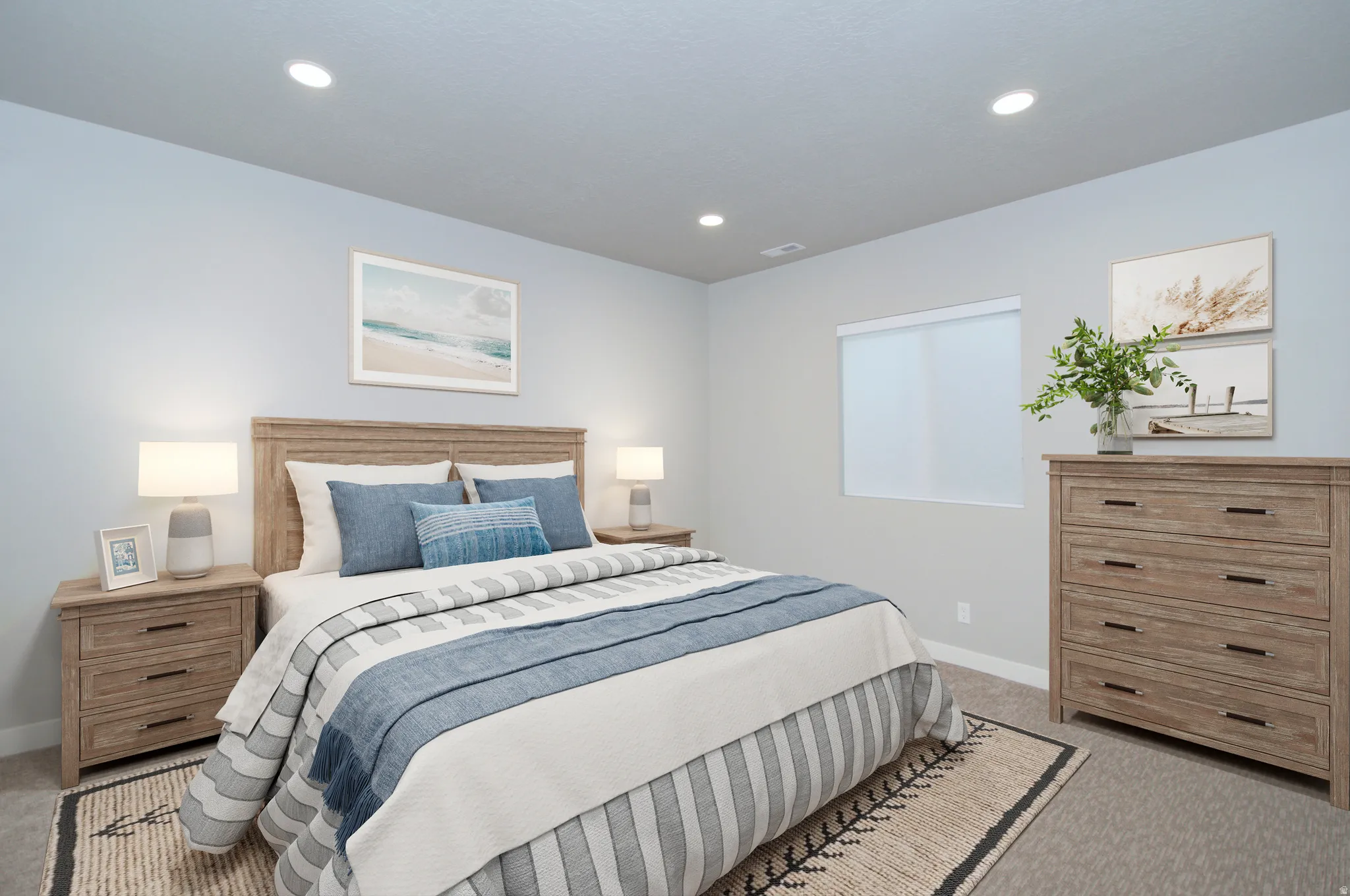 Recessed ceiling lighting illuminates the room
