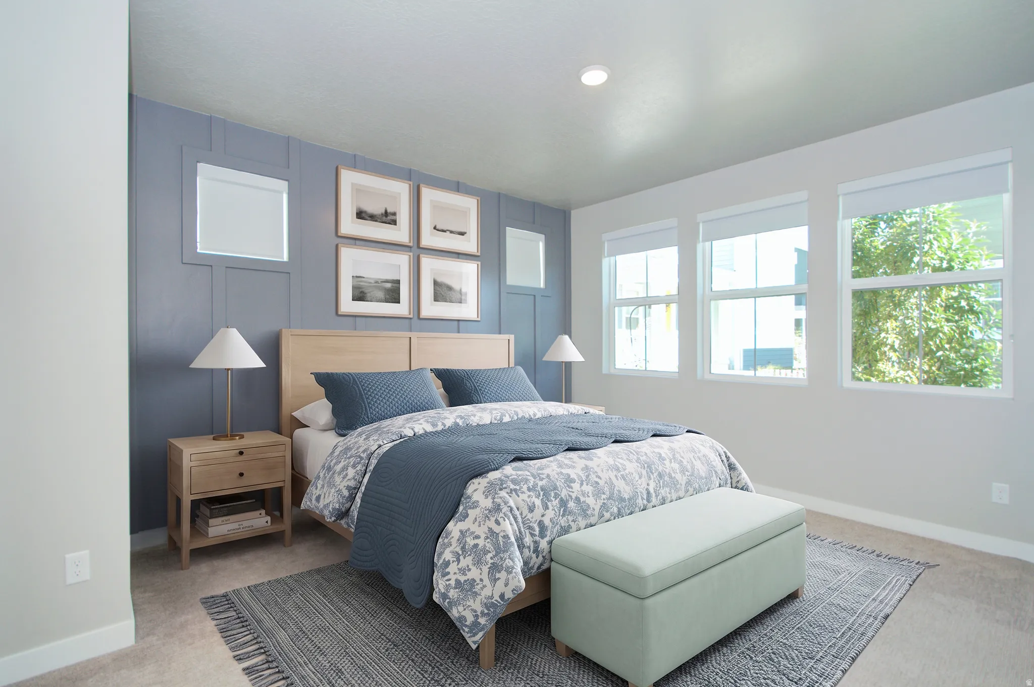 Board and batten accent wall with integrated windows, recessed ceiling lighting, and multiple large windows