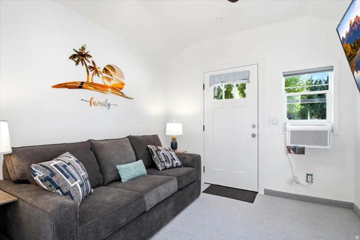 Custom shed includes power, air conditioning, an electric wall heater, a ceiling fan, and a perfect flex space for an office, hobby room, exercise room or entertainment room