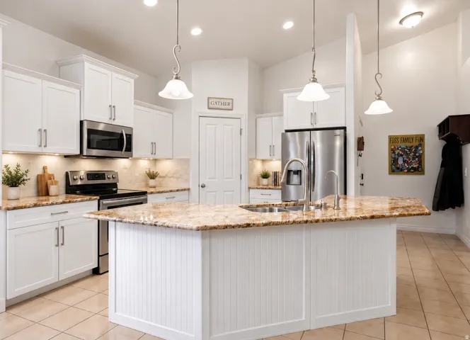 Digitally altered image. This AI visualization shows the kitchen with a neutral patterned backsplash and stainless-steel appliances. These finishes are not currently in the home; see the unaltered photo, next,  for the kitchen