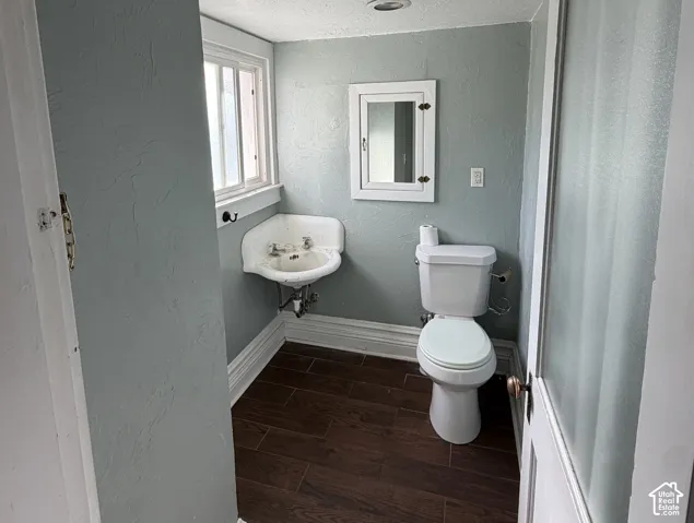 Wall-mounted sink, toilet, and wood-finish flooring