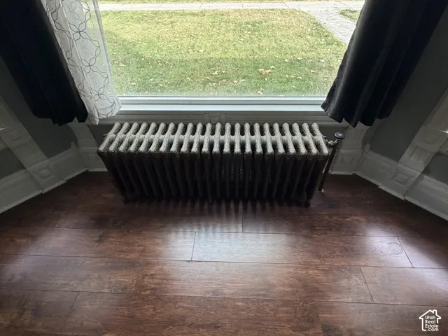 Wood-finish flooring, cast iron radiator, and detailed trim work