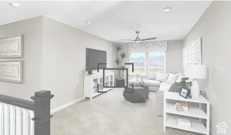 Recessed lighting illuminates a carpeted room featuring a ceiling fan and multiple windows