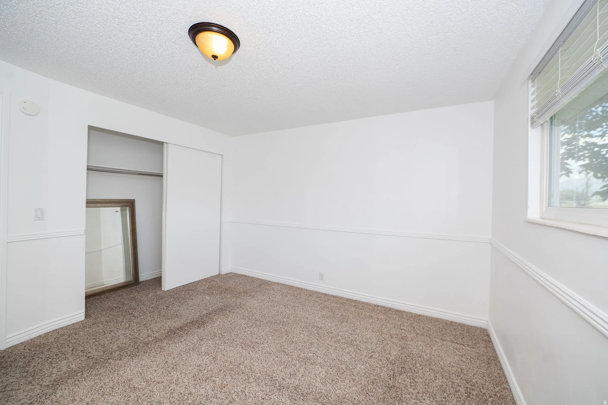 Built-in closet with sliding doors, neutral carpeting, window with blinds, and white wall paneling