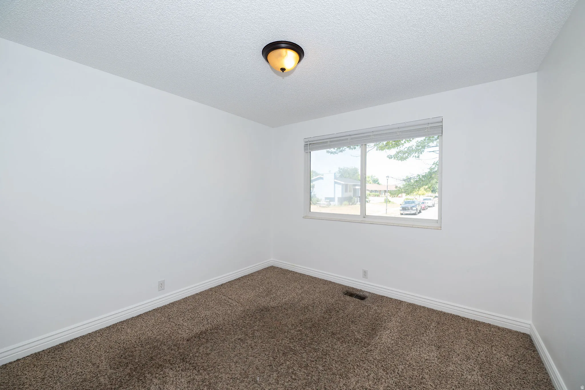 Recessed window with street exposure, wall-to-wall carpeting, white painted walls, and ceiling-mounted light fixture
