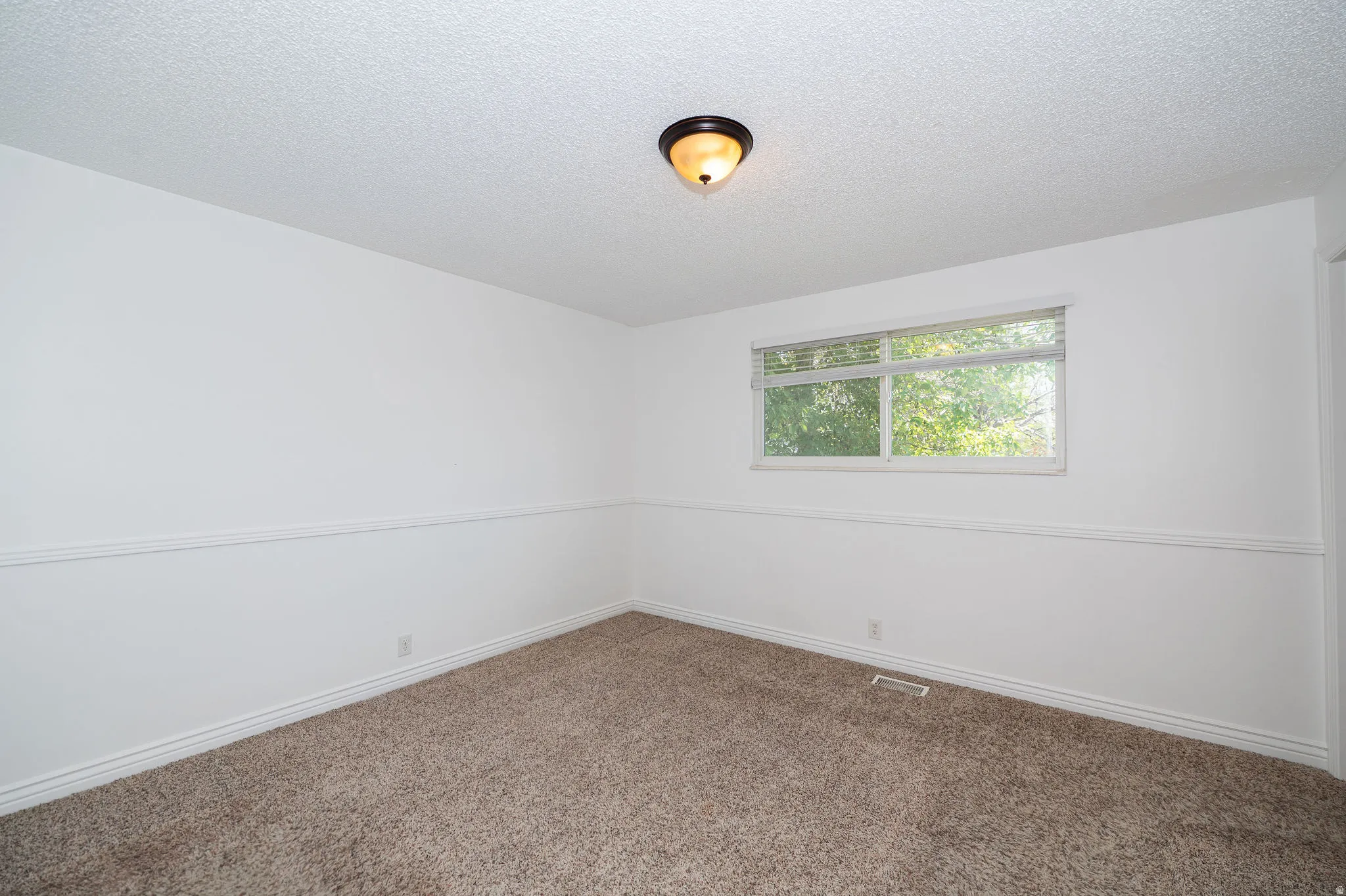 Wall-to-wall carpeting, white painted walls, and a single window with blinds