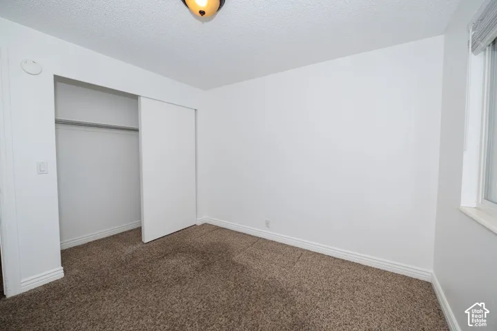 Light brown carpet flooring, white walls, built-in closet with sliding doors, single window, and a ceiling-mounted light fixture