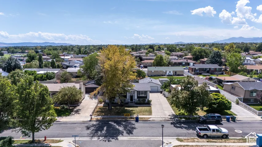 Neighborhood setting with established trees and mountain backdrop