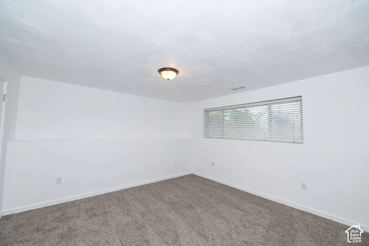 Neutral wall color with textured ceiling and wall-to-wall carpeting