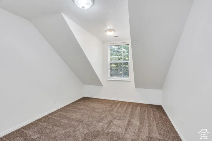 Carpeted room featuring a single window with blinds and two flush-mount ceiling lights