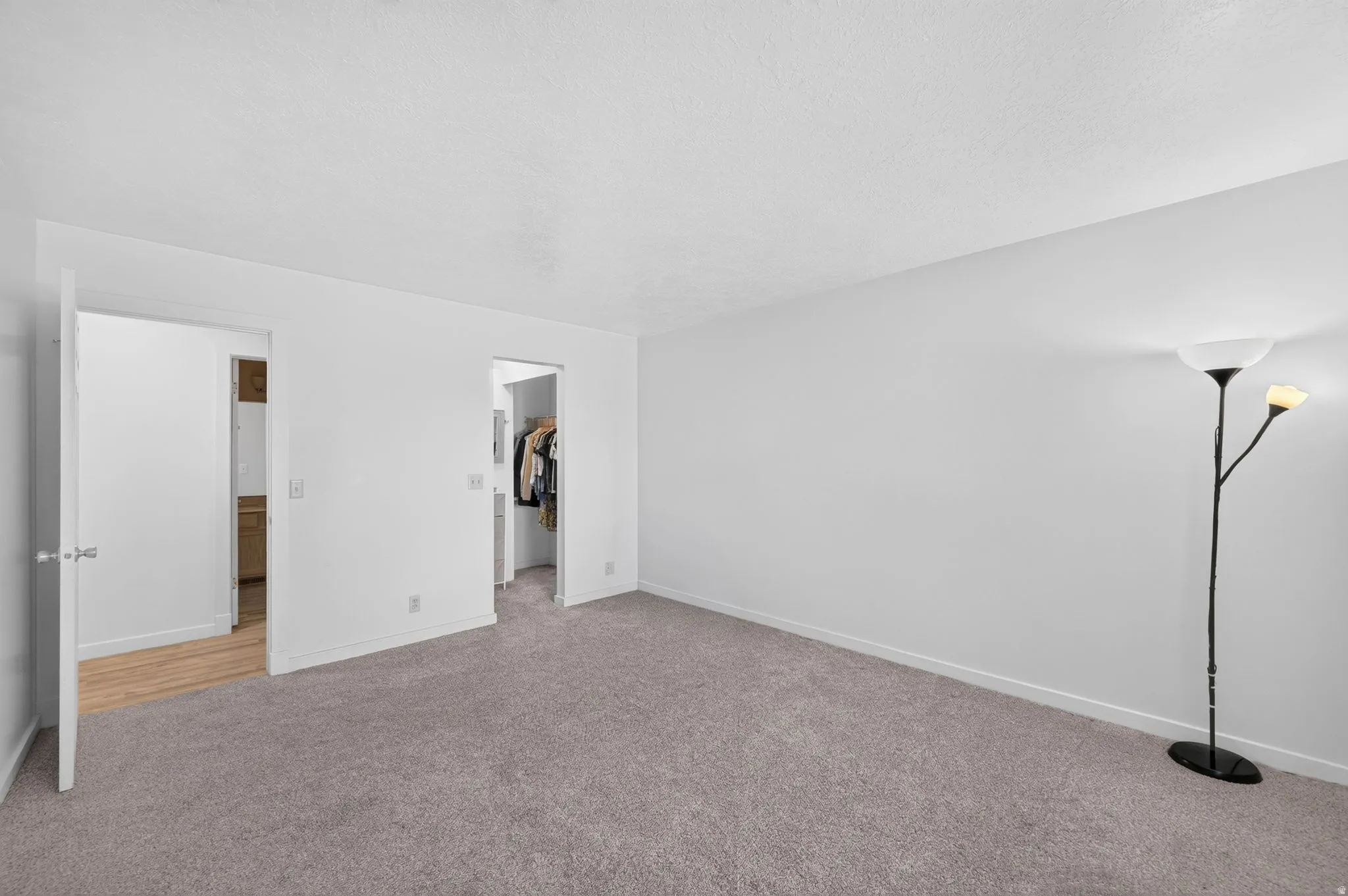 Plush carpeting, bright white walls, and a recessed closet space